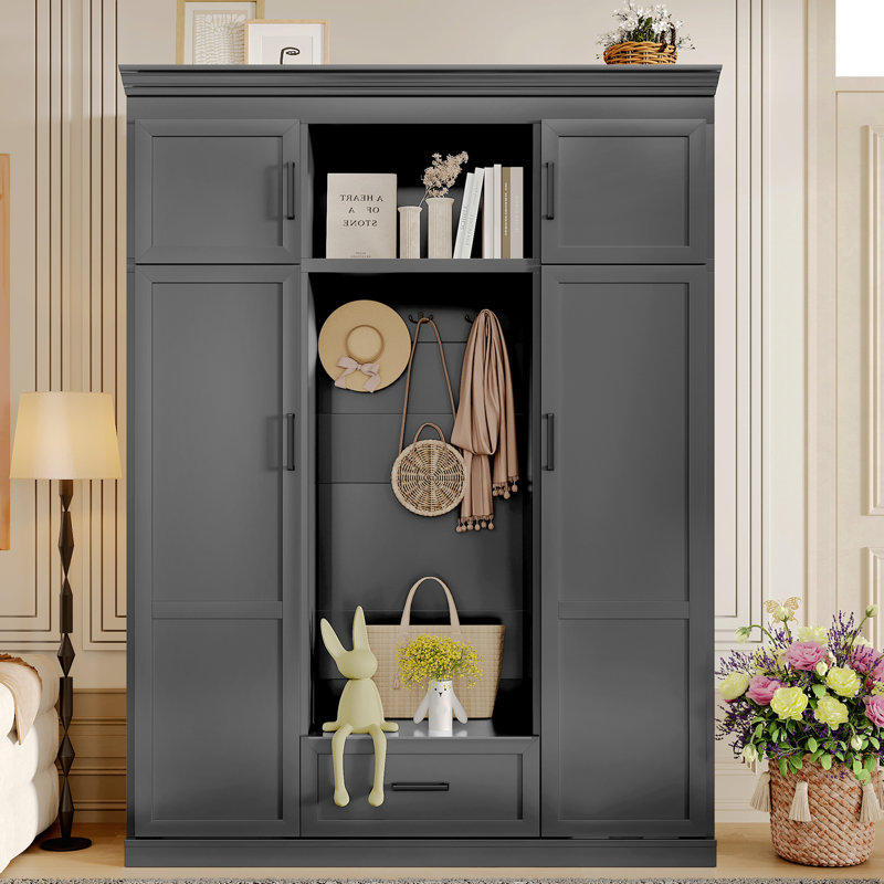 85.2''H 3-In-1 Hall Tree With Bench And Drawer, Modern Entryway Bench With 3 Hooks And Adjustable Shelves, Farmhouse Mudroom Entryway Coat Rack With Multiple Storage Space For Hallway, Entryway, Living Room, Black
