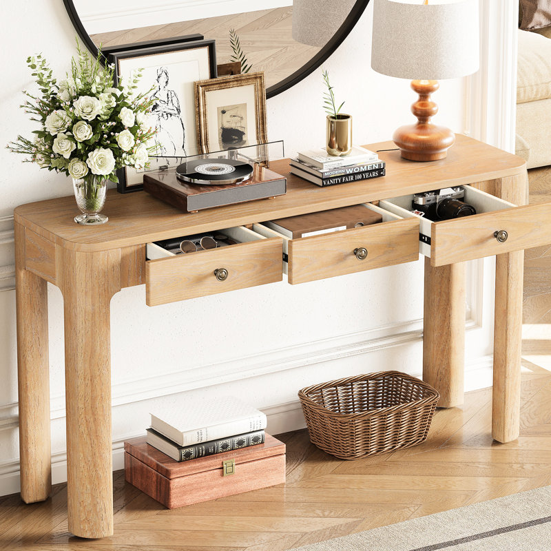 Console rustique en chêne avec 3 tiroirs, coins courbés, plateau de table de 150 lb, salon et couloir idéal