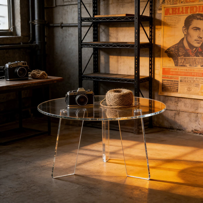 Table basse ronde moderne en acrylique avec design en lucite transparent, support robuste à trois pieds pour le salon, la chambre à coucher ou le bureau