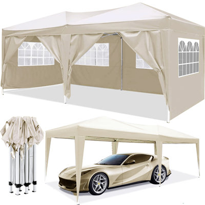 10 Ft. W x 20 Ft. D Steel Pop-Up Canopy Party Tent with 6 Removable Windowed Sidewalls, Adjustable Height Outdoor Gazebo with Carry Bag and Weight Bags, Beige