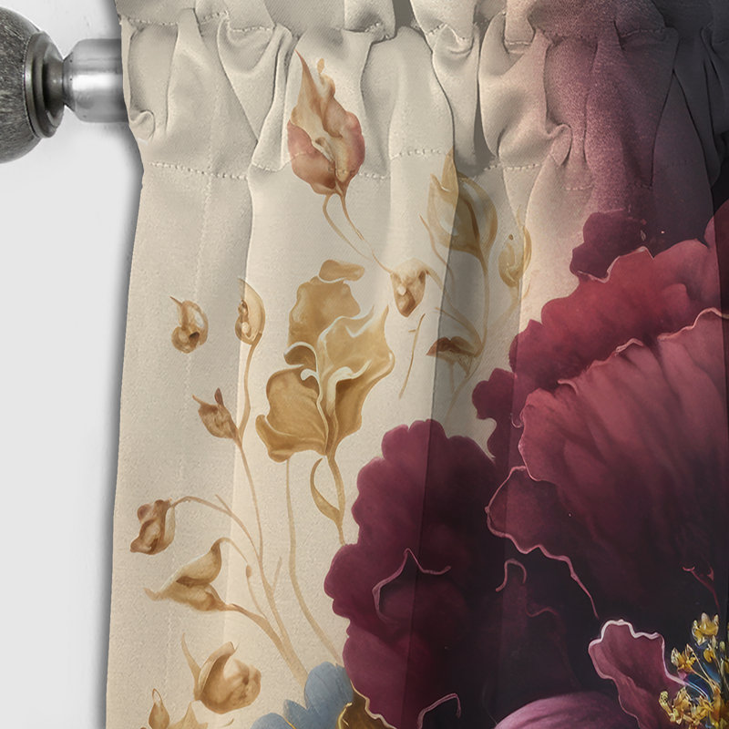 Rideau occultant floral bourgogne et bleu à motif floral I - 1 panneau, L 52 po x L 95 po