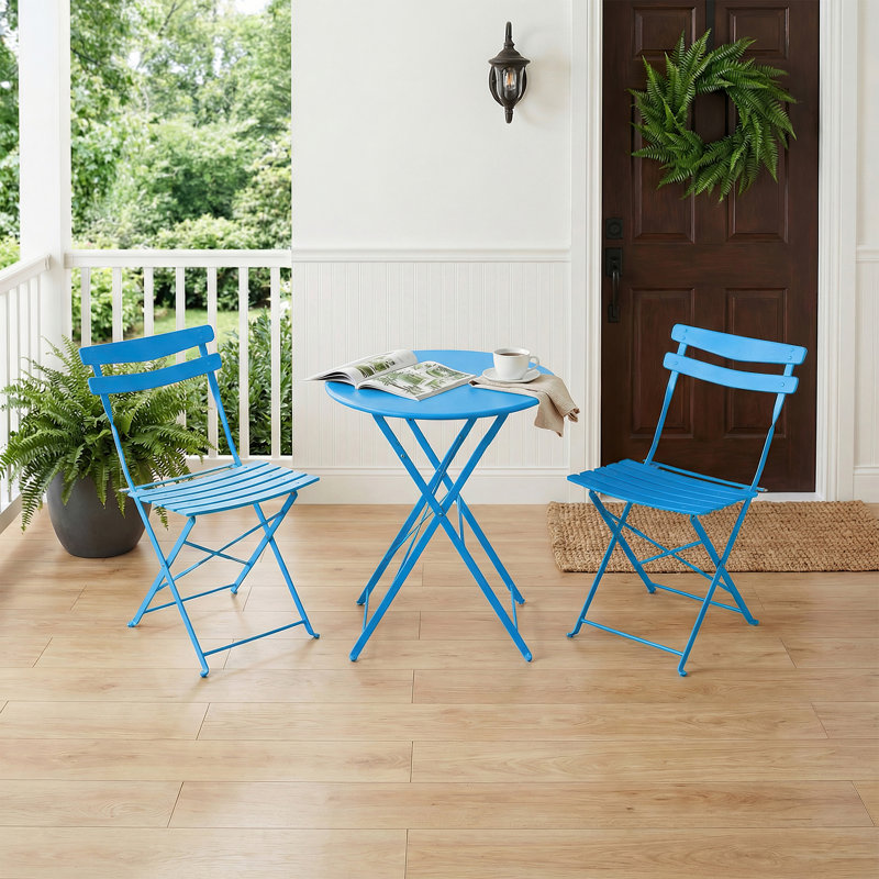 Ensemble bistro pliable en métal pour terrasse 3 pièces - 2 tables d'extérieur compactes et 2 chaises pliantes - peu encombrantes, sans assemblage - pour le jardin, la cour, le balcon - bleu foncé