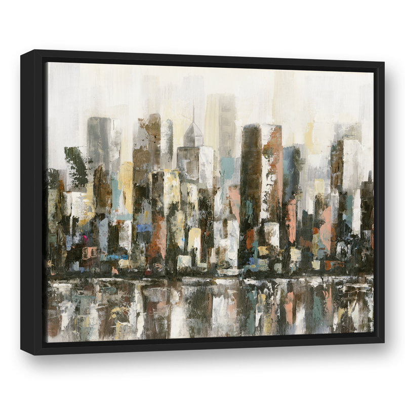 Paysage urbain réfléchissant - Peinture, H 21,75 po x l 25,75 po x P 1,75 po, Toile à cadre flottant noir