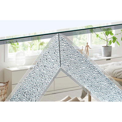 Meuble télé miroir pour téléviseur de plus de 65 pouces, console télé avec rangement ouvert et 2 placards de rangement, portes miroir scintillantes en forme de diamant pour salon (150 cm L x 64 cm H x 40 cm P)