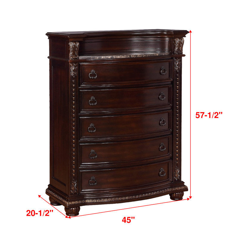 Meuble en bois massif de 1 chambre à coucher avec dessus en marbre et cinq tiroirs avec moulures complexes et silhouette courbée brune