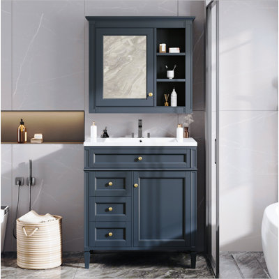 Ensemble de meuble-lavabo autoportant 30 po avec lavabo supérieur, meuble-lavabo moderne avec 2 tiroirs et tiroir basculant, meuble-lavabo autoportant avec miroir et meuble-lavabo simple