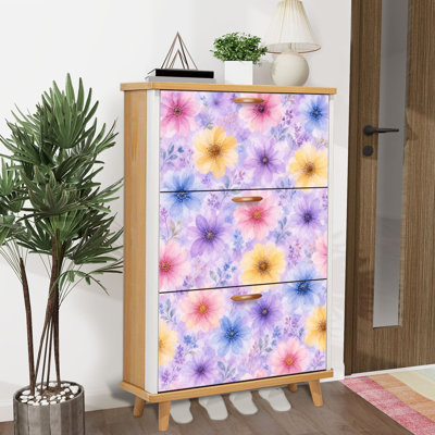 Shoe Storage Cabinet with 3 Flip Drawers for Pastel Watercolor Floral Pink Yellow Blue Flowers Purple Shoe Rack Storage Organizer