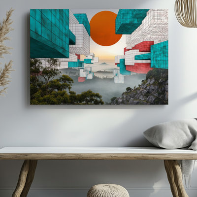 Toile, composition architecturale cubiste saisissante avec une série de structures géométriques interconnectées