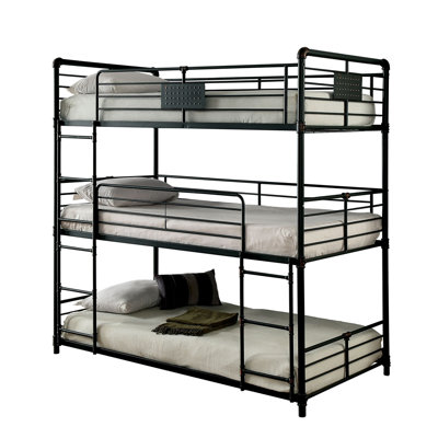 Bunk Bed Industrial Style Metal Structure Attached Dual Ladder Upper Guard Rails Pipe Framework