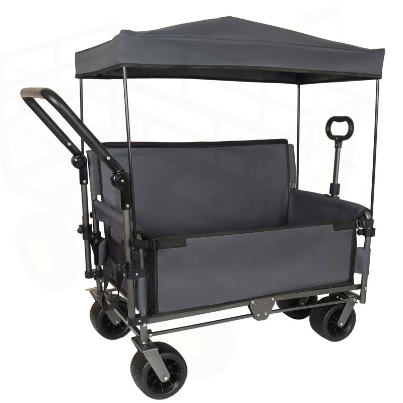 Chariot pliant robuste 3-en-1 avec banquette, auvent et rangement, idéal pour les activités extérieures tout-terrain et une utilisation polyvalente