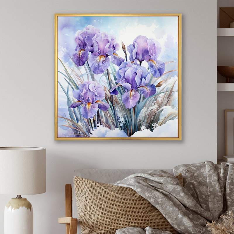 Mauve iris en hiver sur toile, Cadre flottant doré, 16" H x 16" W