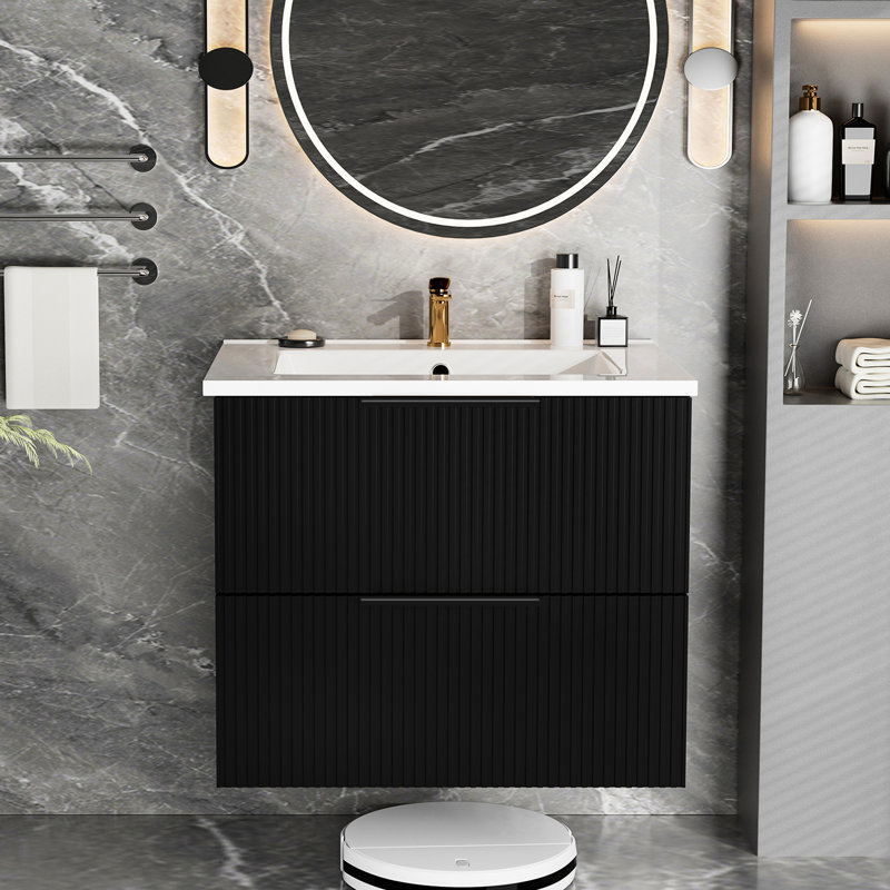 Meuble-lavabo suspendu noir de 61 cm (24 pouces) avec lavabo en céramique et premier tiroir en forme de U, protège des intrusions, fond et surface lisses.