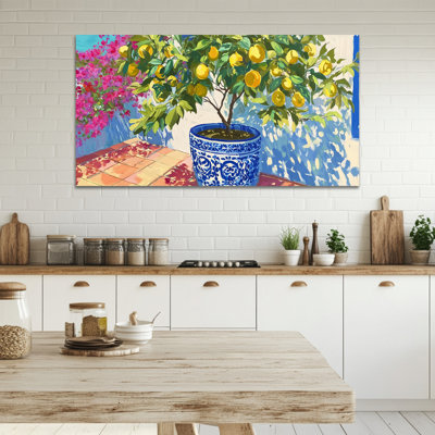 Lemon Wall Art, Canvas Wall Art Lemon Kitchen Wall Decor, Italian Fruit Art Wall Decor for Kitchen, Vintage Mediterranean Lemon Poster Artwork Print Framed Ready to Hang 16" × 32"