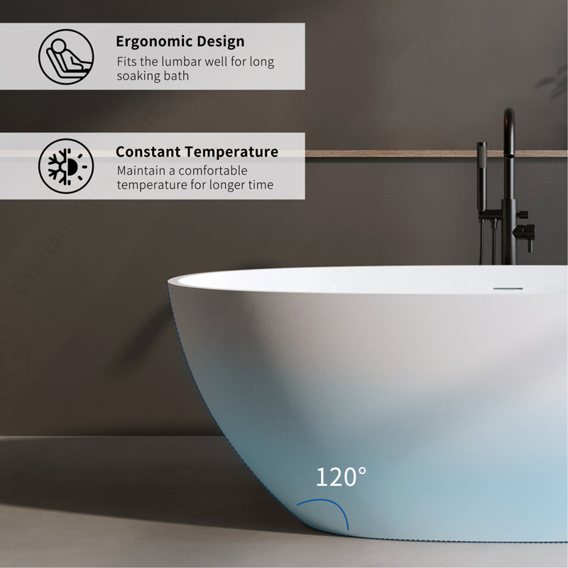 Baignoire de 63 po à surface solide matte, baignoire de trempage à surface solide, baignoire autoportante en résine de pierre, baignoires autoportantes à rebord épais avec trop-plein, bonde escamotable, blanc mat (ovale)