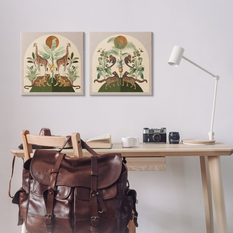 «Jungle Animals Foliage Illustration», ensemble de 2 toiles murales par Victoria Barnes, H 17 po x l 17 po