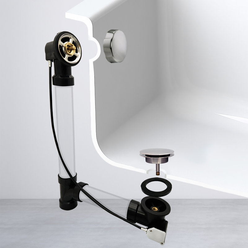 Garniture de bonde escamotable pour baignoire à câble 35 "avec trop-plein rotatif et raccords en ABS Sch. 40, Nickel poli