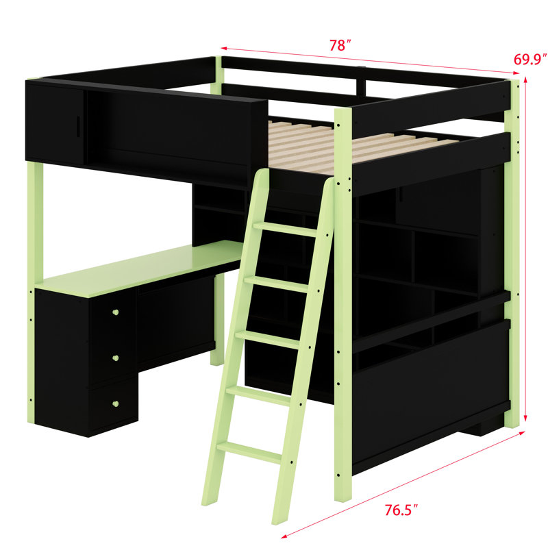 Lit mezzanine en bois avec bureau, Vert