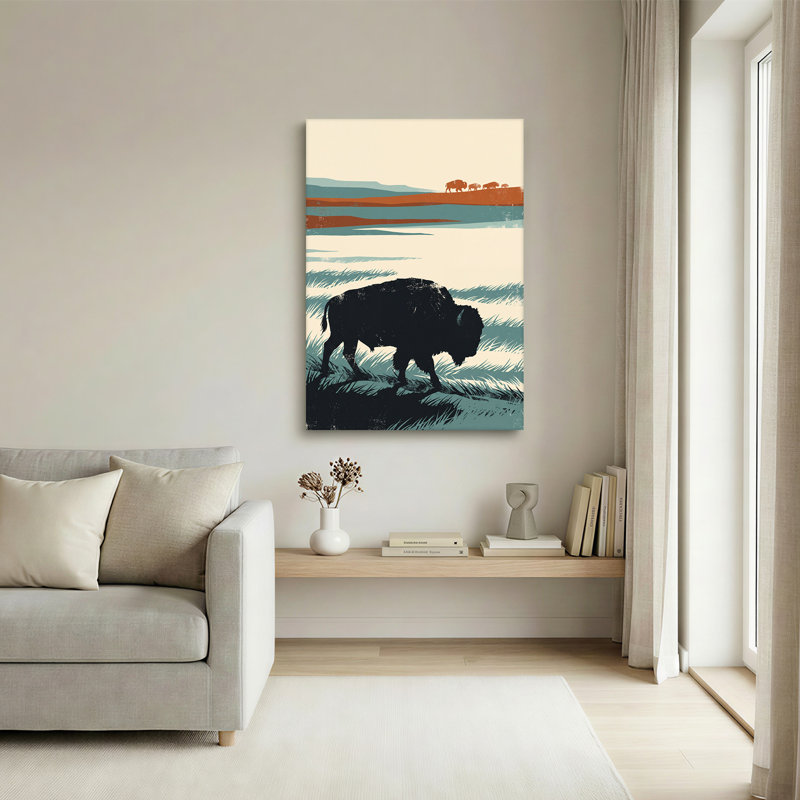 Art mural sur toile, "Bison noir" et "Troupeau d'oranges" sur fond bleu et crème, 24"H x 18"W