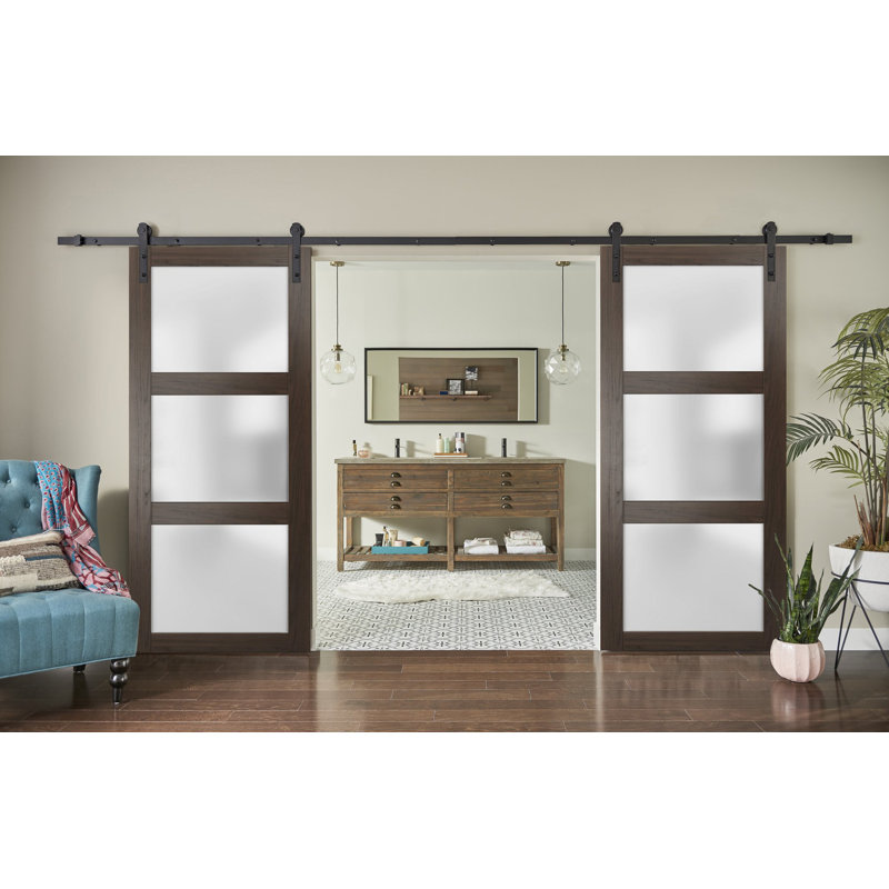 Lucia Frosted Glass Wood Barn Doors with Installation Hardware Kit, Chocolate Ash, Matte Black, 48" x 84"
