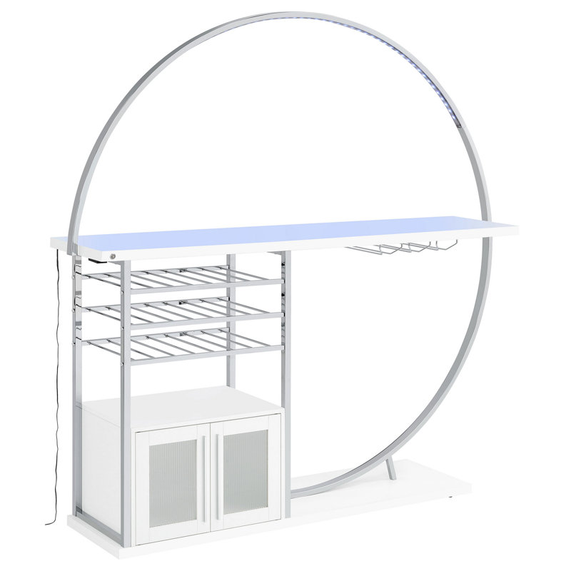 Riya White and Chrome Home Bar Table with LED Lighting and Storage