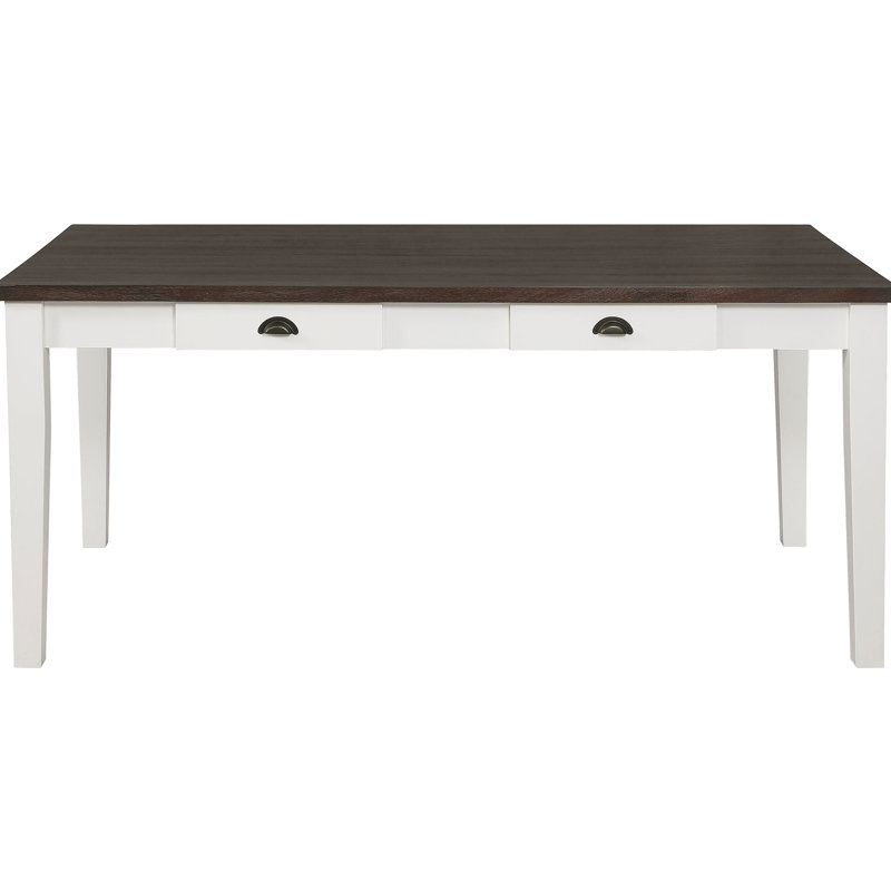 Et table de salle à manger d'inspiration blanche et antique, 2 tiroirs avec glissières lisses, forme rectangulaire pour six, table blanche à 2 lignes épurées, placage d'aspect rustique, pieds, literie