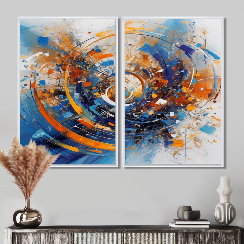 «Blue and Orange Space» - Art mural sur toile traditionnel orange 2 panneaux, H 36 po x l 48 po, Blanc