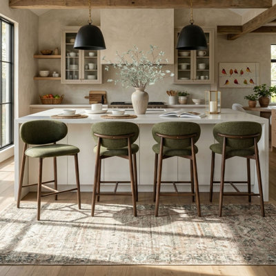 25.5” Modern Chenille Counter Stools With Barrel Back And Wood-Look Metal Legs, Set Of 4