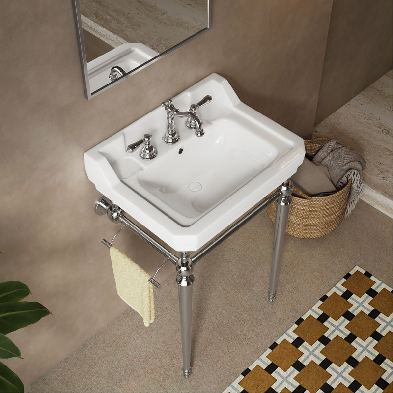 Lavabo de console de salle de bain 23 po, meuble-lavabo mural en céramique blanche avec 3 trous de robinet pré-percés, pieds de support autoportants en acier inoxydable avec barre à serviettes, sans robinet ni couvercle de lavabo