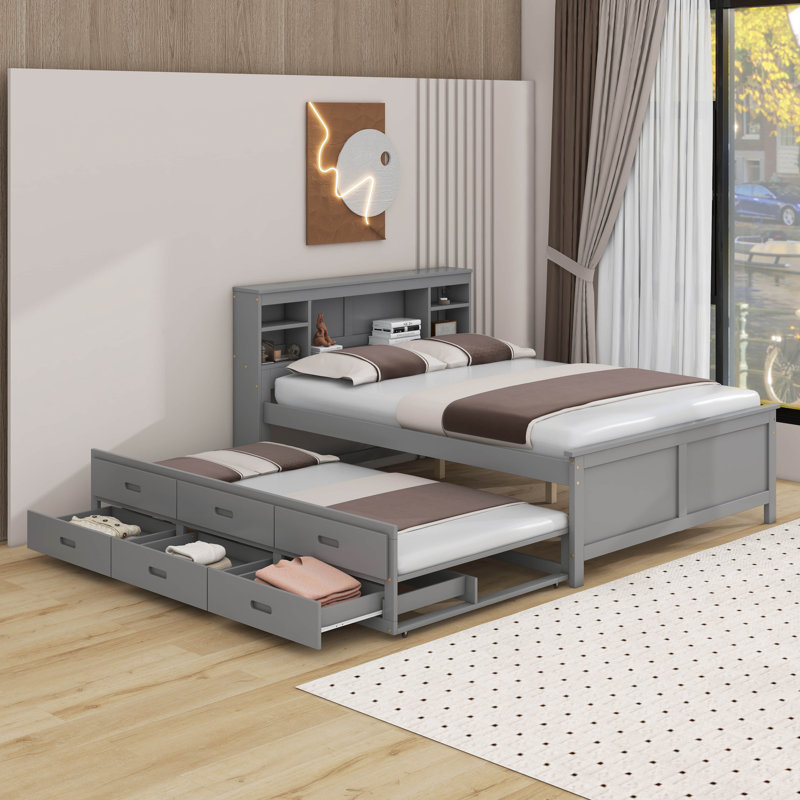 Full Size Platform Bed With Storage Headboard, USB, Trundle And 3 Drawers, Gray