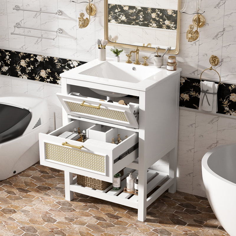 Meuble-lavabo de salle de bain 24 po avec lavabo en céramique, peu encombrant et élégant, rangement spacieux, montage sur robinet de 4 po, montage facile