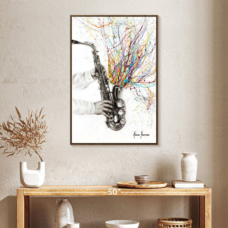 Le saxophone jazz, 25 po x 37 po, Floating Frame Walnut
