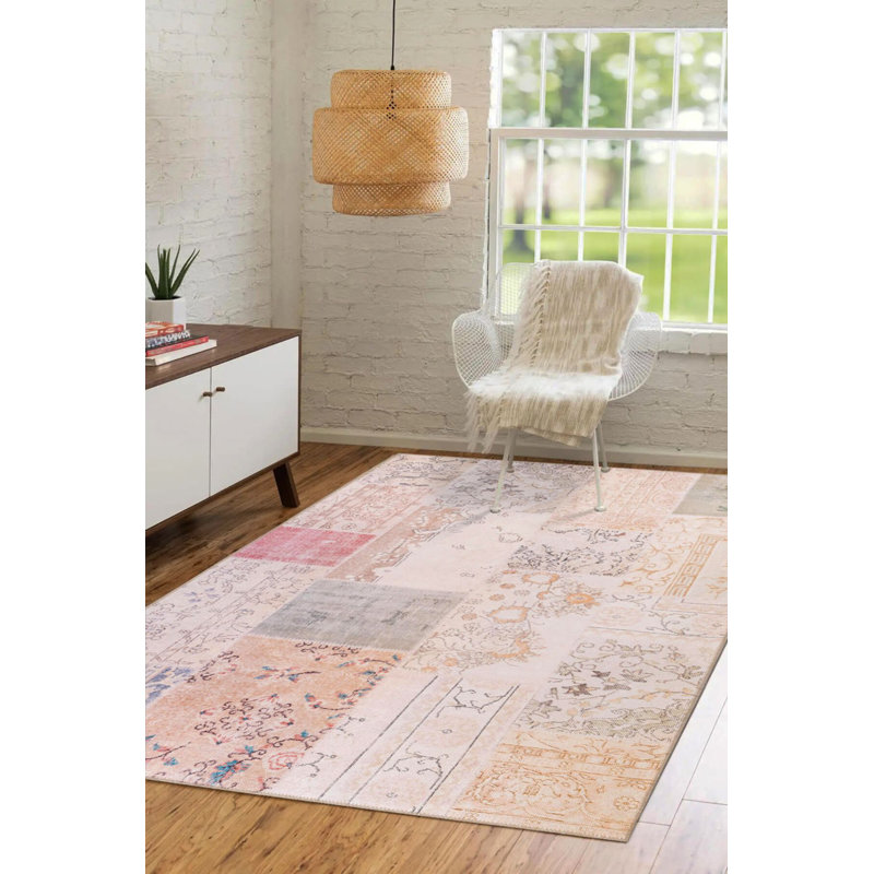 Tapis décoratif beige à motif tissé patchwork rétro, Tapis de couloir 2 pi 6 po x 7 pi 7 po