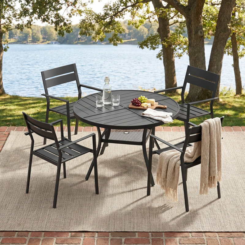 5-Piece Round Outdoor Dining Set With Stackable Metal Armchairs, Black, Black