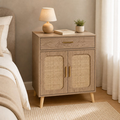 Natural Wood Kitchen Cabinet 2 Door Rattan 1 Drawer