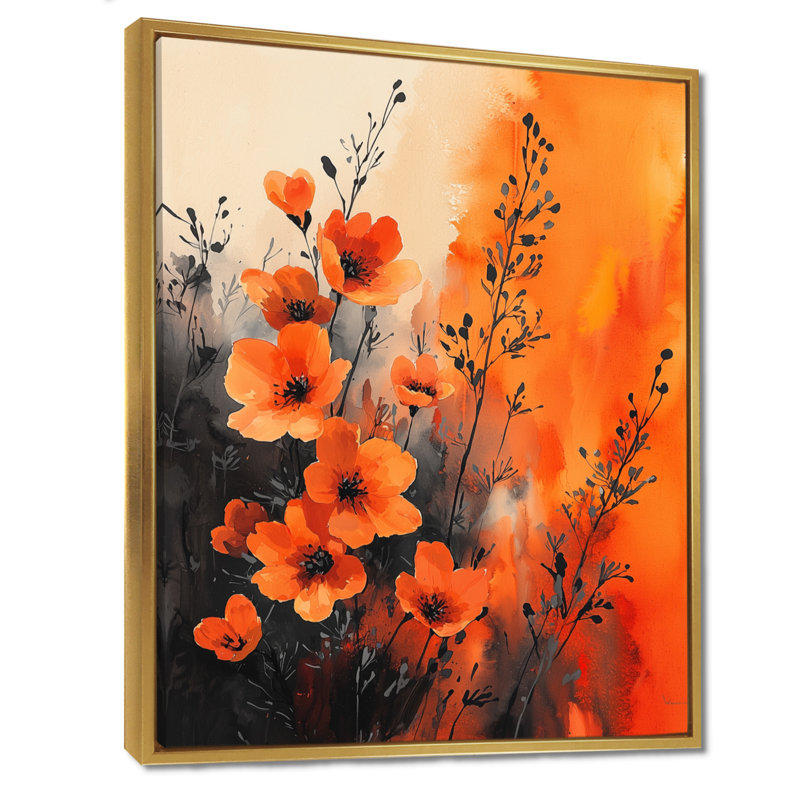 «Burning Wildflowers In Orange Expressionism II - Wildflowers», art mural encadré, H 32 po x l 24 po, Doré