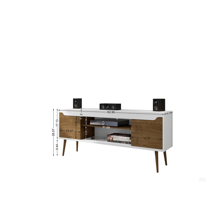 Meuble télé 63 po avec pieds rétro et design polyvalent, Blanc / Brun