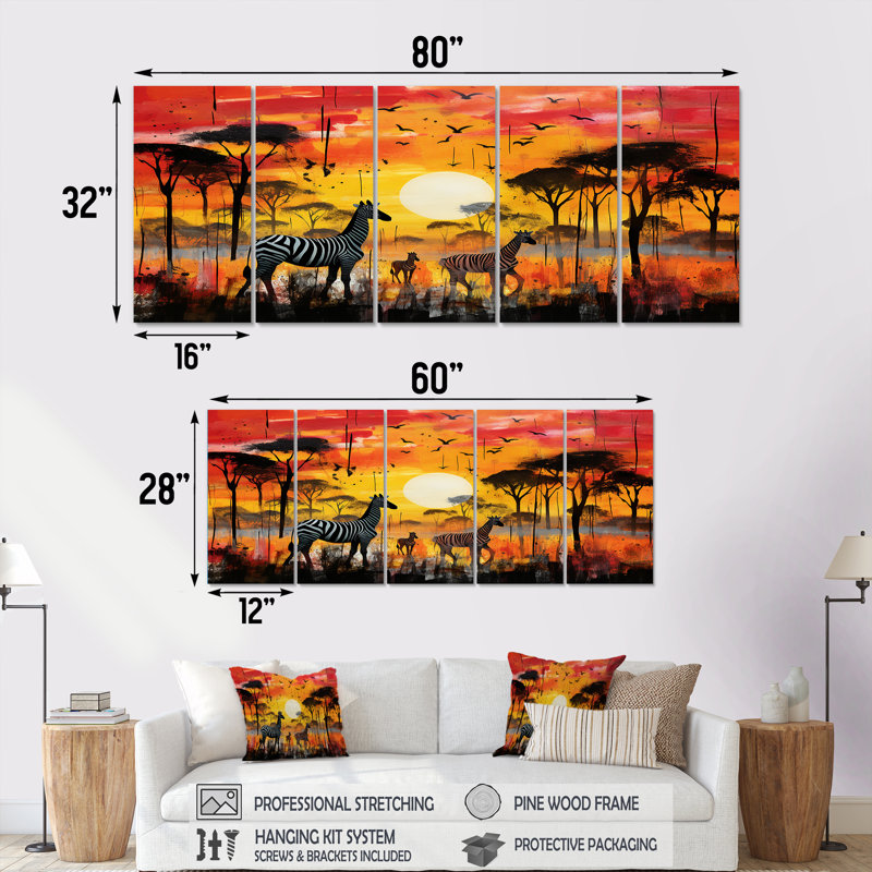 Maritha - Décoration murale animal zèbre 5 pièces, H 32 po x l 80 po