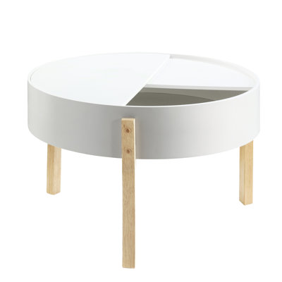 Round Wooden Table - White & Natural With Hidden Storage And Stable Legs Modern Coffee