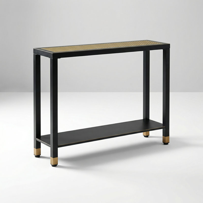 Modern Two-Tier Glass and Metal Console Table with Gold Accent, Narrow Sofa Table with Shelves for Hallway, Entryway, Living Room, Foyer, Corridor, and Office Decor