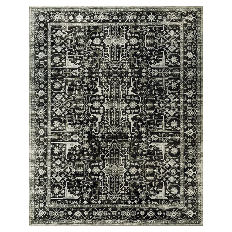 Tapis oriental noir / beige / gris à envers antidérapant lavable à la machine pour le salon, la chambre à coucher et le couloir