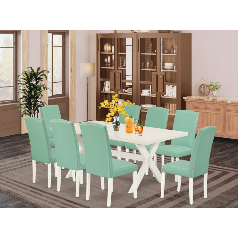 9 Piece Modern Dining Table Set Includes a Rectangle Wooden Table with X-Legs and 8 Pond Faux Leather Upholstered Chairs, linen white