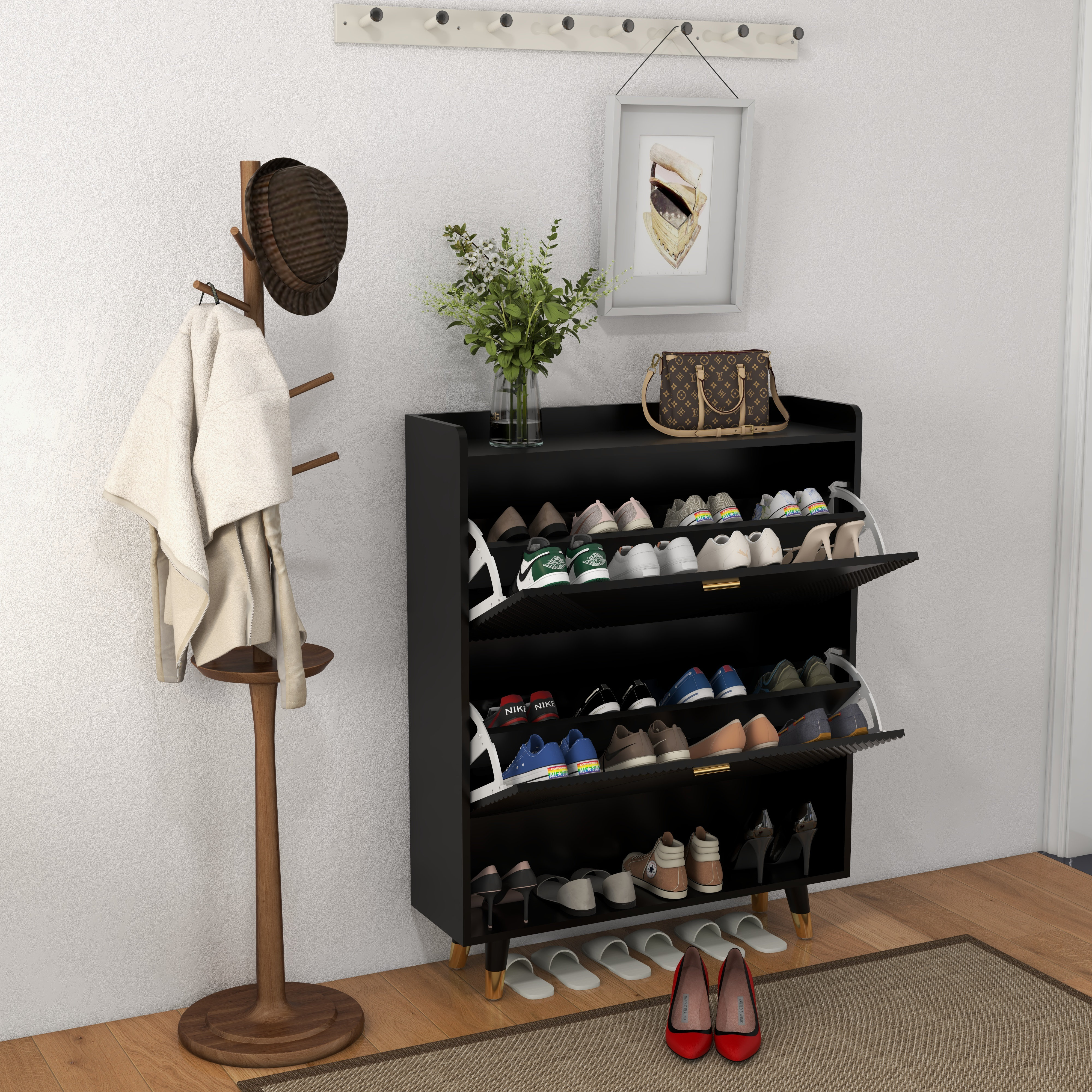https://assets.wfcdn.com/im/36403089/compr-r85/2572/257247541/entrance-shoe-cabinet-with-2-flip-drawers-black-shoe-storage-2-layer-shoe-organizer-in-corridor.jpg