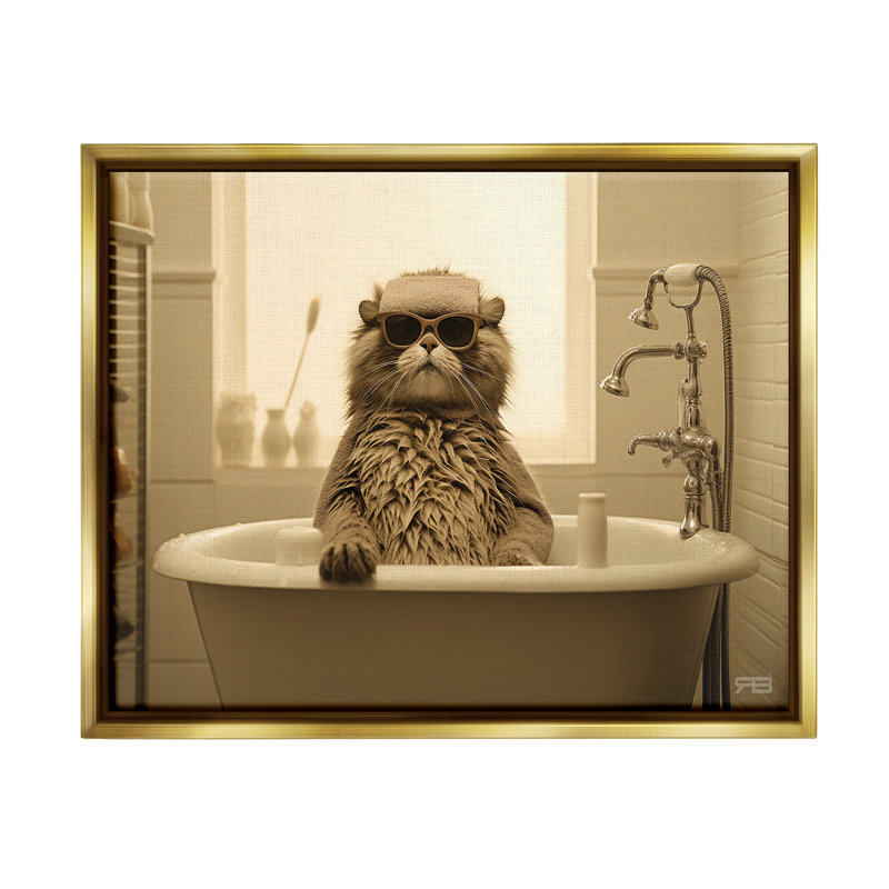 "Cool Cat In Bathaign" par RB sur toile, Cadre flottant métallique doré, H 17 po x l 21 po