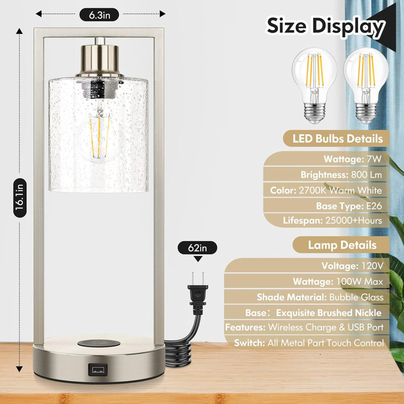Set Of 2 Dimmable Bedside Nightstand Lamps With USB Port,, Silver