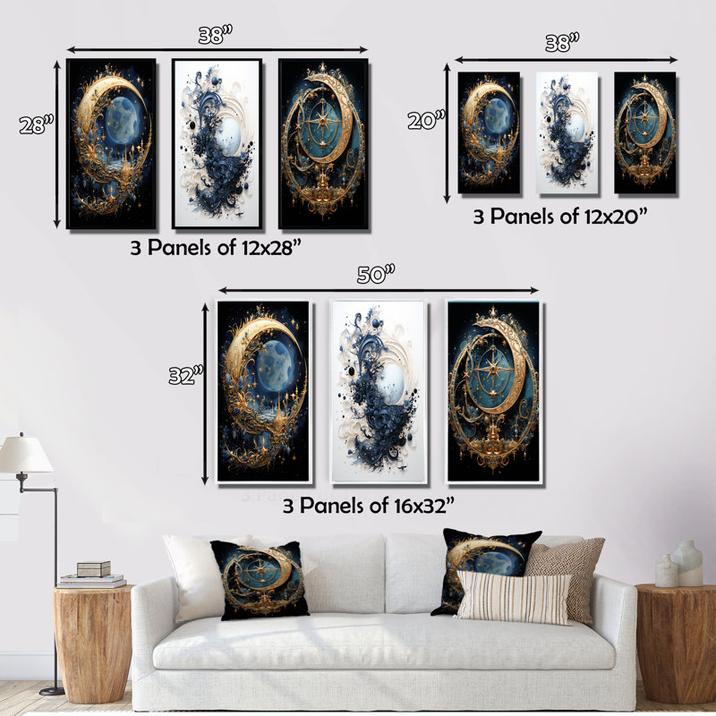 "Croissant de lune", 3 pièces sur toile, Toile tendue, H 32 po x l 48 po
