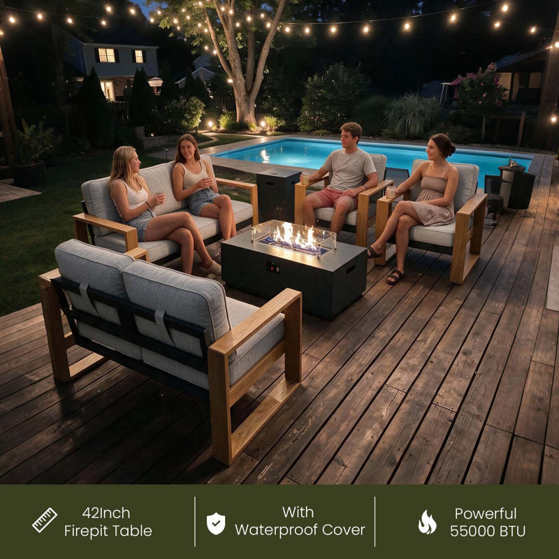  5 Pieces Aluminum Patio Furniture Set With Fire Pit Table, Oversized Seat With Hight Back Outdoor Conversation Sets