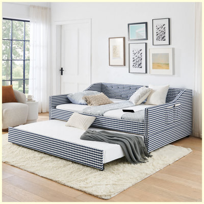 Dark Blue Full Size Upholstered Convertible Daybed with Tufted Backrest, Trundle, and Storage