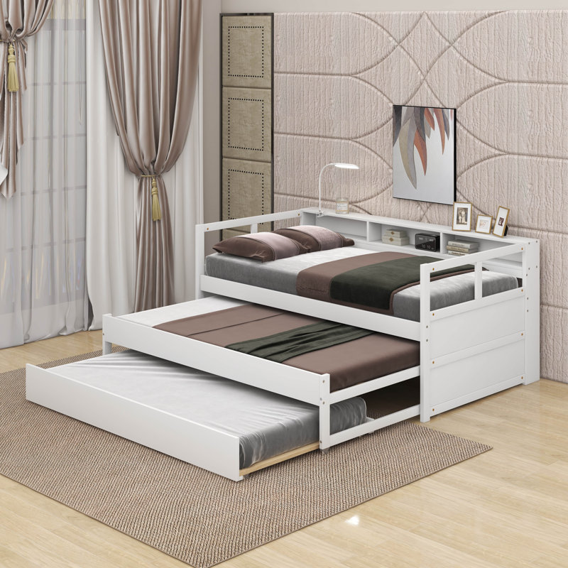 Twin XL Wood Daybed With 2 Trundles, Storage Cubbies, 1 Light For Free And USB, White