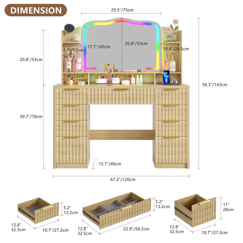 Modern Large Dressing Table with 9 Drawers, Tempered Glass Top, RGB Light Mirror, and Charging Station, Natural