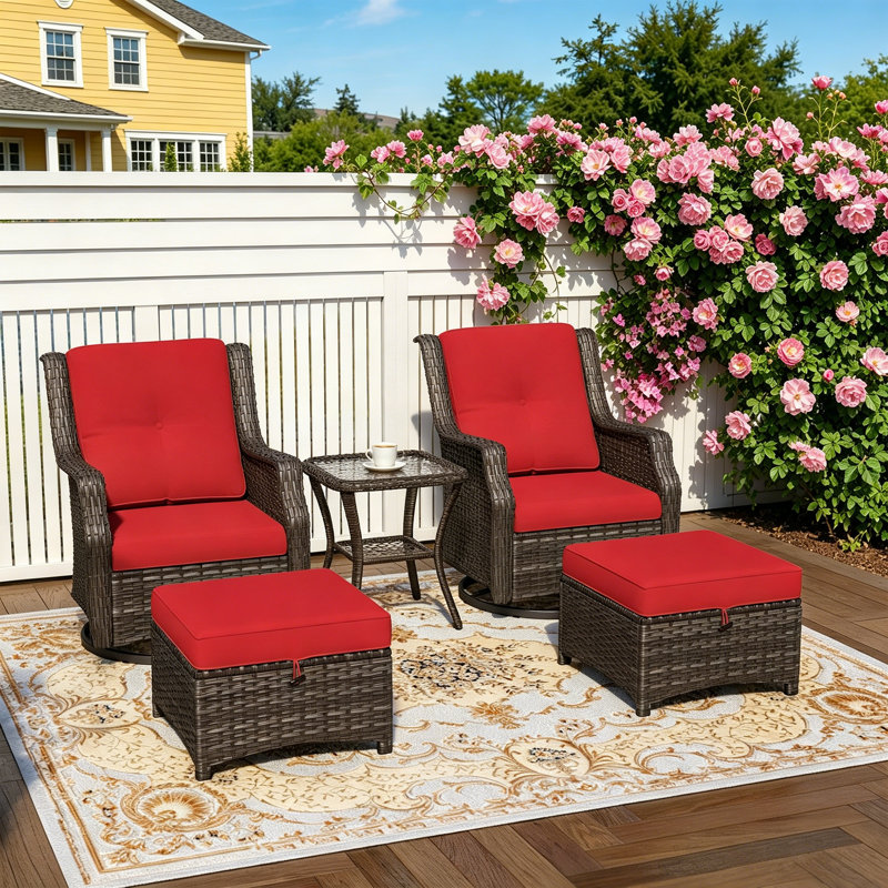 5-Piece PE Wicker Patio Furniture Set with 2 Chairs,Ottomans,Side Table & Red Cushion, Red